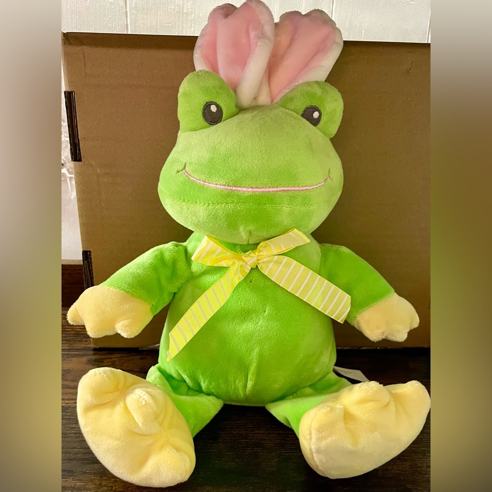 Green Frog Plush Toy with Yellow Bow